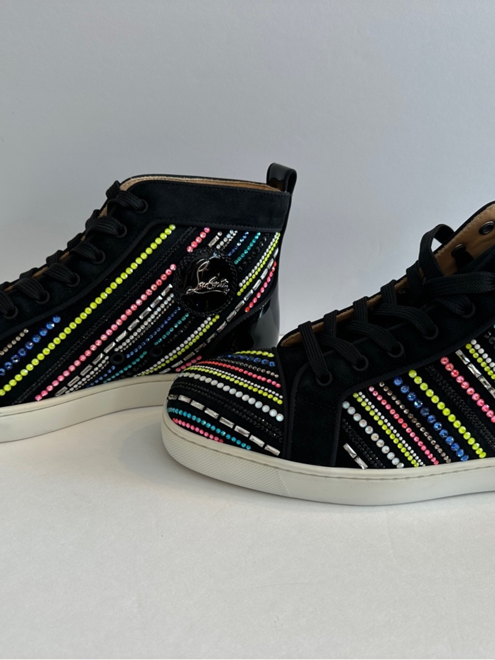 Christian Louboutin Black High-Top Sneakers with Multicolor Crystal Stripes